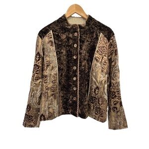 Chicos Mixed Media Velvet Jacket Blazer Womens 2 Wood Button Lace Trim